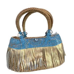 Serpui Marie Wicker Handbag with Blue Leather Rhinestone Floral & Gold Fringe